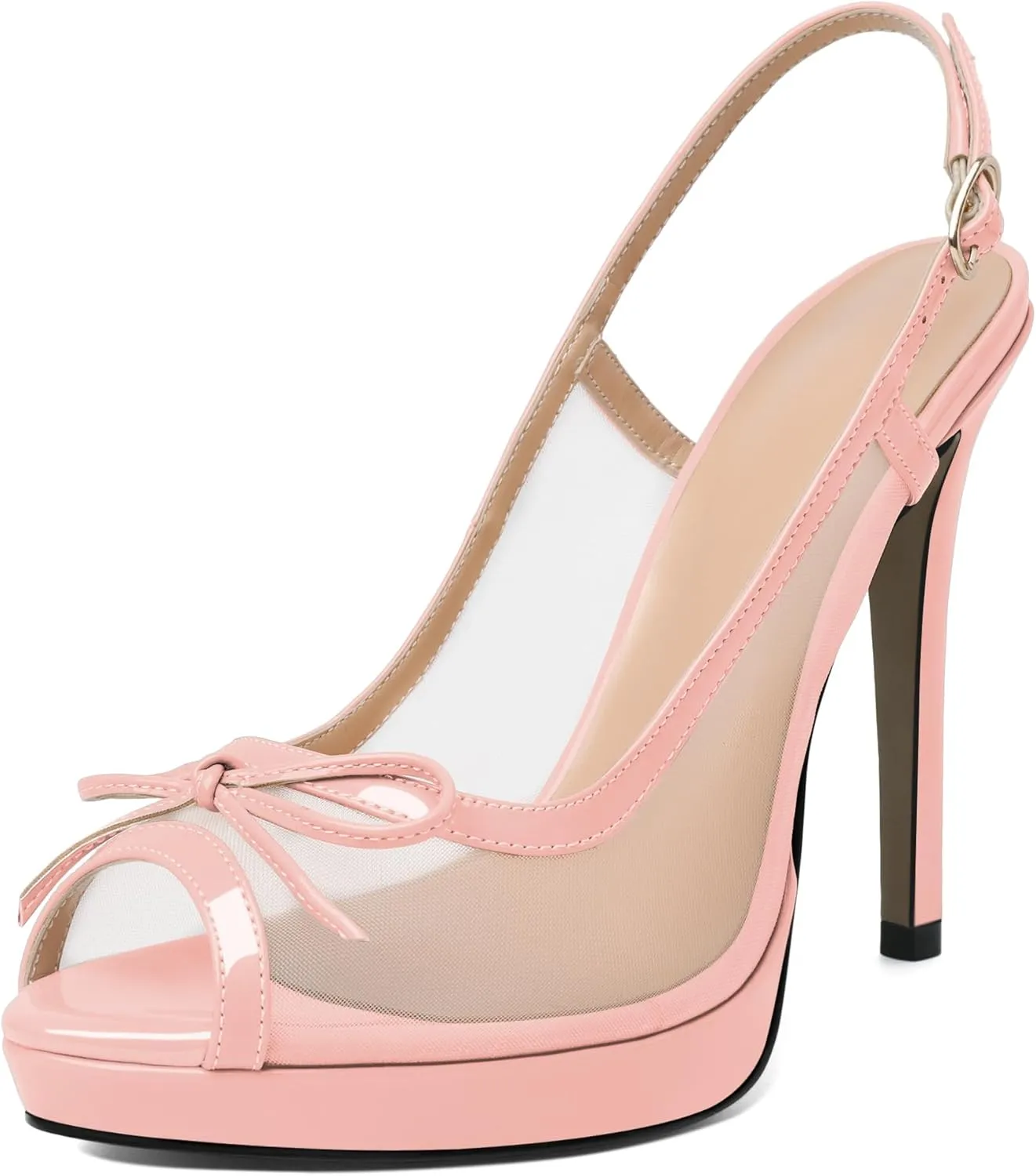 Eldof Women’s High Heel Platform Sandals, Peep Toe Slingback Sandals, Stiletto Heels with Bows Mesh Dating Party Wedding Dress Shoes 5 Inches