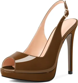 Eldof Women's Peep Toe Stiletto High Heel Platform Slingback Ankle Strap Pumps Wedding Dress Party Sandals 4.7 Inches