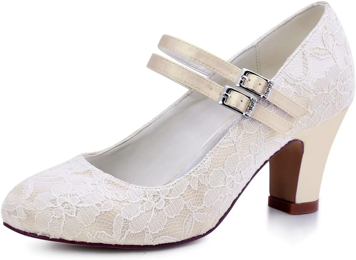 ELEGANTPARK Wedding Shoes for Bride Closed Toe Mary Jane Shoes Bridal Heels Block Heel Pumps Evening Prom Lace