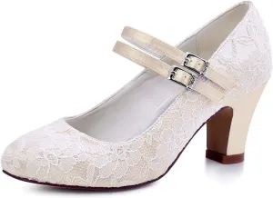 ELEGANTPARK Wedding Shoes for Bride Closed Toe Mary Jane Shoes Bridal Heels Block Heel Pumps Evening Prom Lace