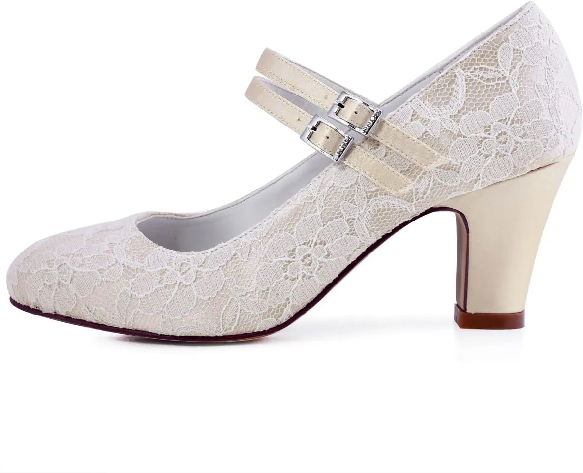 ELEGANTPARK Wedding Shoes for Bride Closed Toe Mary Jane Shoes Bridal Heels Block Heel Pumps Evening Prom Lace