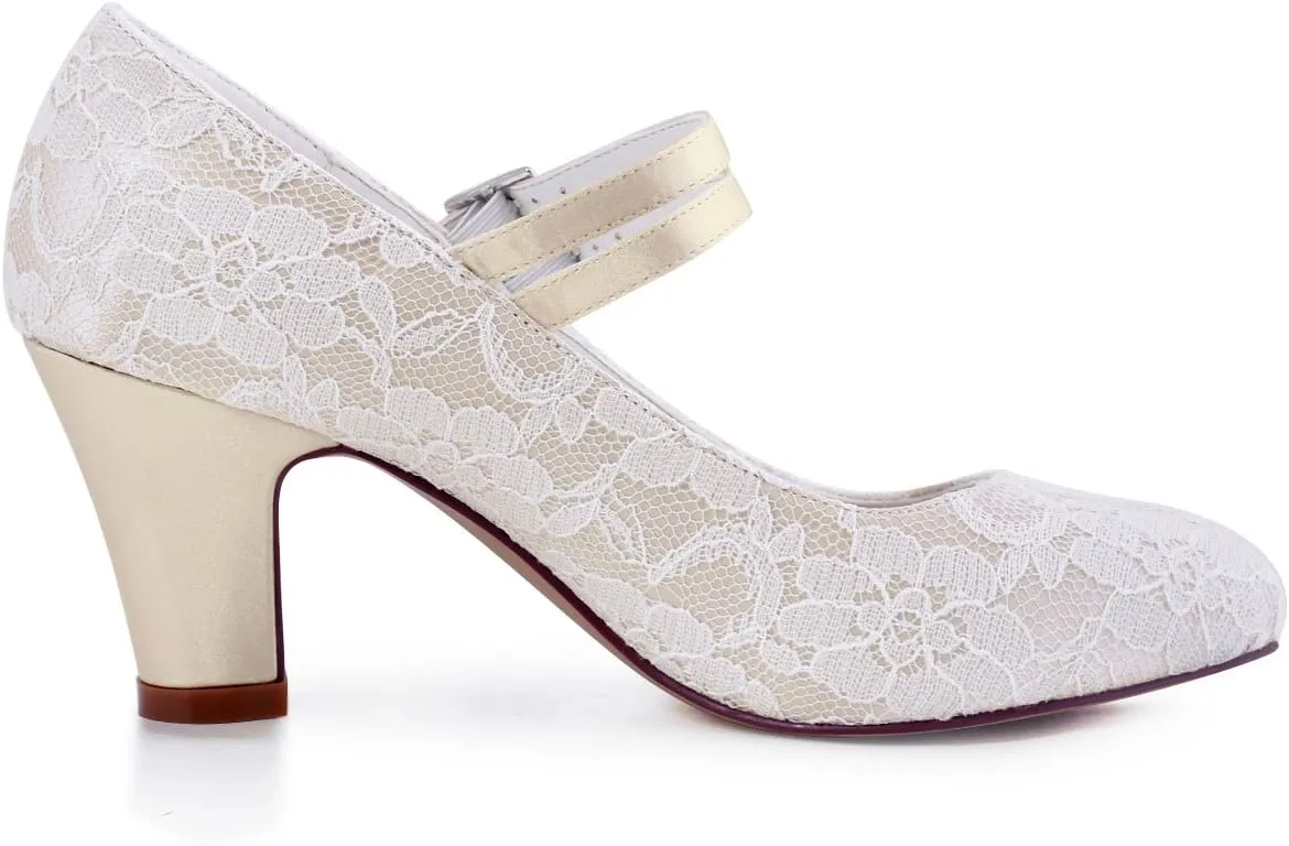 ELEGANTPARK Wedding Shoes for Bride Closed Toe Mary Jane Shoes Bridal Heels Block Heel Pumps Evening Prom Lace