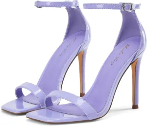 Elisabet Tang Women's Stiletto Heels Square Open Toe Ankle Strap High Heeled Sandals 4 Inch Comfort Sexy Dressy Shoes