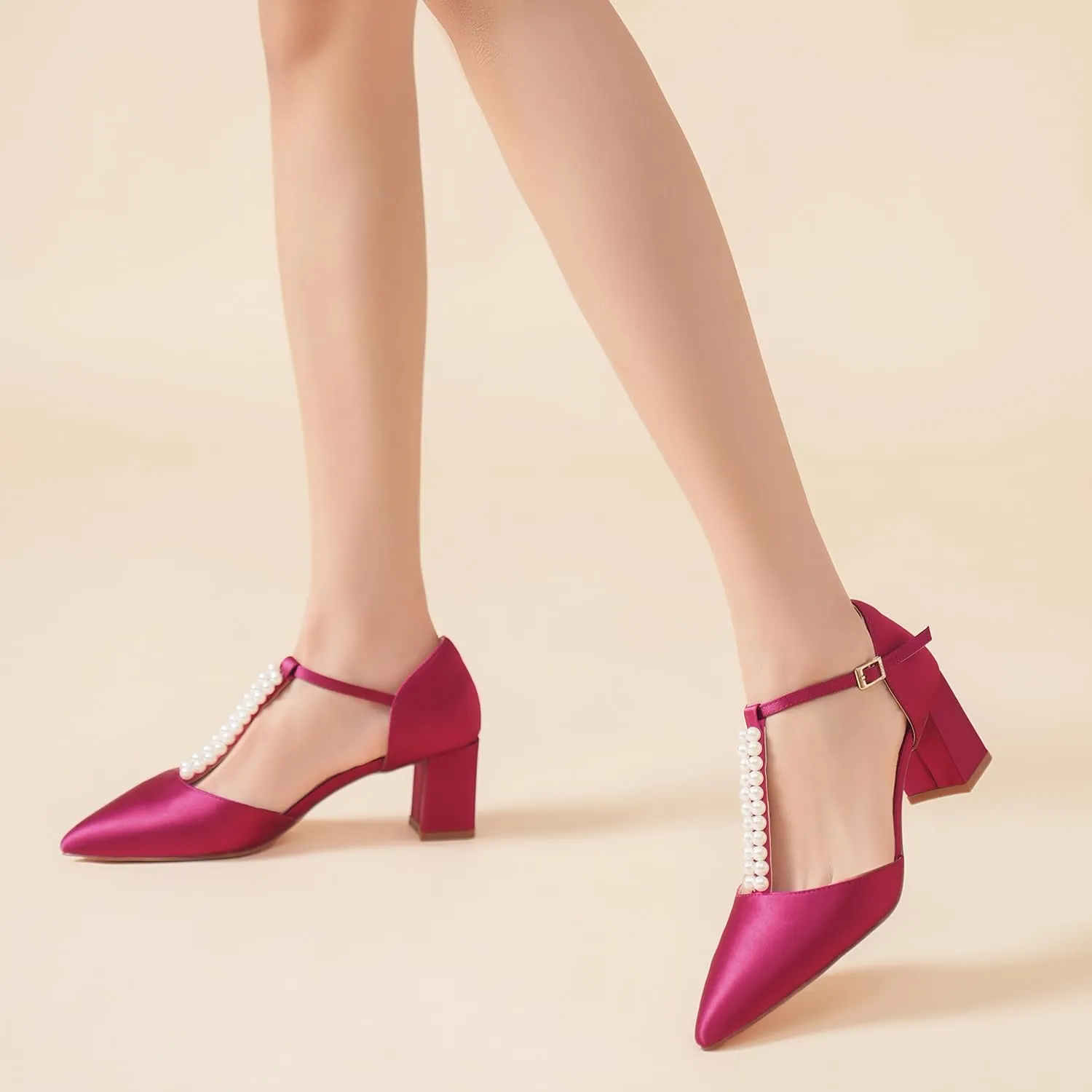 Elivandon J1587 Women's Satin Pointed Toe Mid-Heel Evening Sandals 2.36 inches Block Heel Bridal Party Wedding Pumps with Double Pearl T-Strap