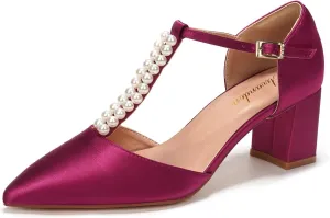 Elivandon J1587 Women's Satin Pointed Toe Mid-Heel Evening Sandals 2.36 inches Block Heel Bridal Party Wedding Pumps with Double Pearl T-Strap