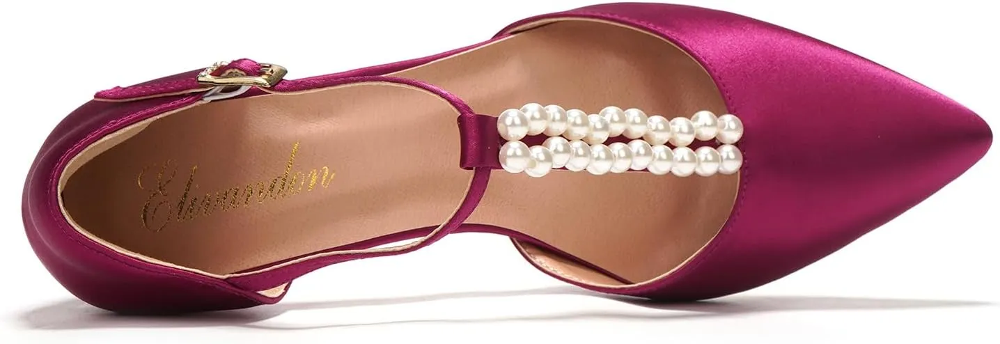 Elivandon J1587 Women's Satin Pointed Toe Mid-Heel Evening Sandals 2.36 inches Block Heel Bridal Party Wedding Pumps with Double Pearl T-Strap