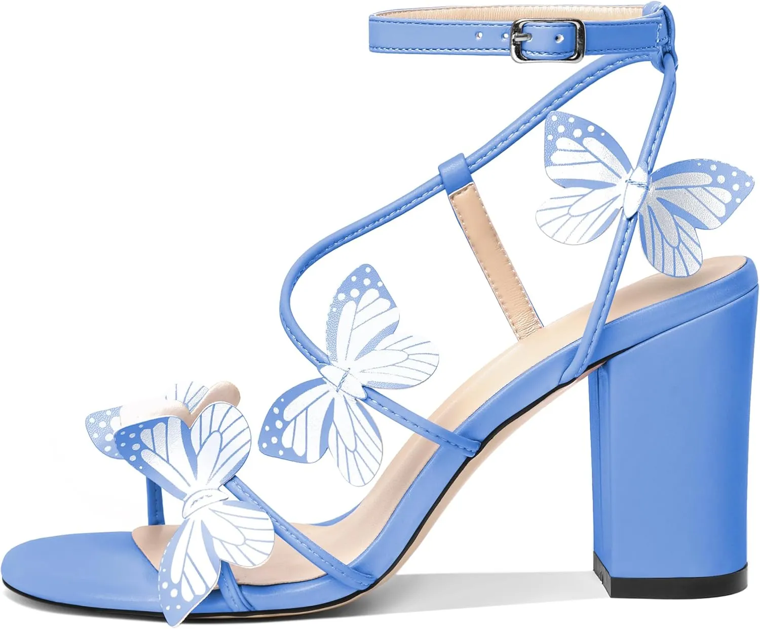 Esvowido Women's Chunky Heeled Sandals, Strappy Open Toe Butterfly Heels, Ankle Strap Block High Heel Sandals 3.5 Inches