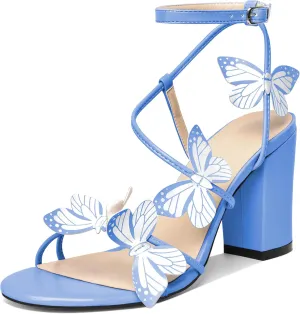 Esvowido Women's Chunky Heeled Sandals, Strappy Open Toe Butterfly Heels, Ankle Strap Block High Heel Sandals 3.5 Inches