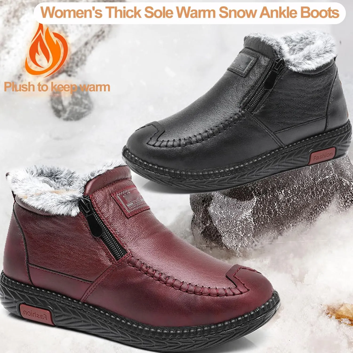 Extrashoe Women's Waterproof Non-Slip Cotton Leather Boots, Fur Lined Winter Warm Boot Base Cotton Leather Laces Zipper