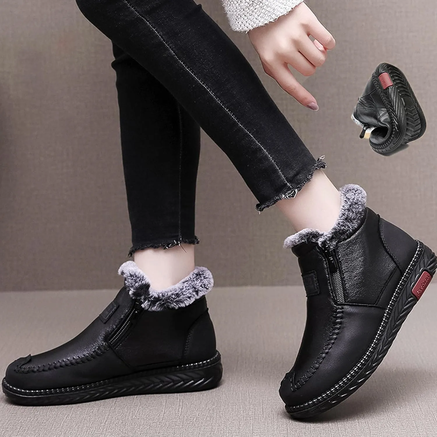 Extrashoe Women's Waterproof Non-Slip Cotton Leather Boots, Fur Lined Winter Warm Boot Base Cotton Leather Laces Zipper