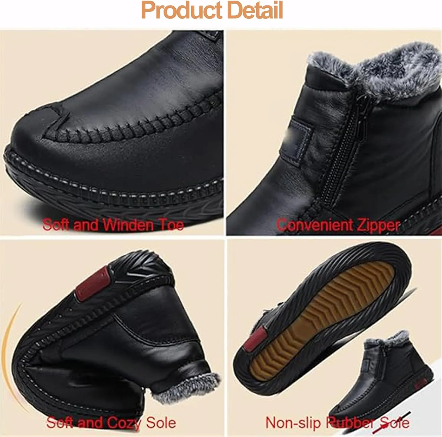 Extrashoe Women's Waterproof Non-Slip Cotton Leather Boots, Fur Lined Winter Warm Boot Base Cotton Leather Laces Zipper