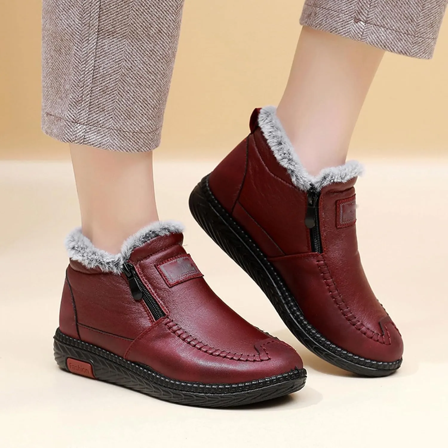 Extrashoe Women's Waterproof Non-Slip Cotton Leather Boots, Fur Lined Winter Warm Boot Base Cotton Leather Laces Zipper