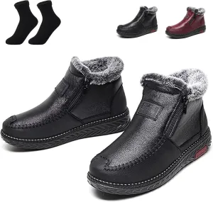 Extrashoe Women's Waterproof Non-Slip Cotton Leather Boots, Fur Lined Winter Warm Boot Base Cotton Leather Laces Zipper