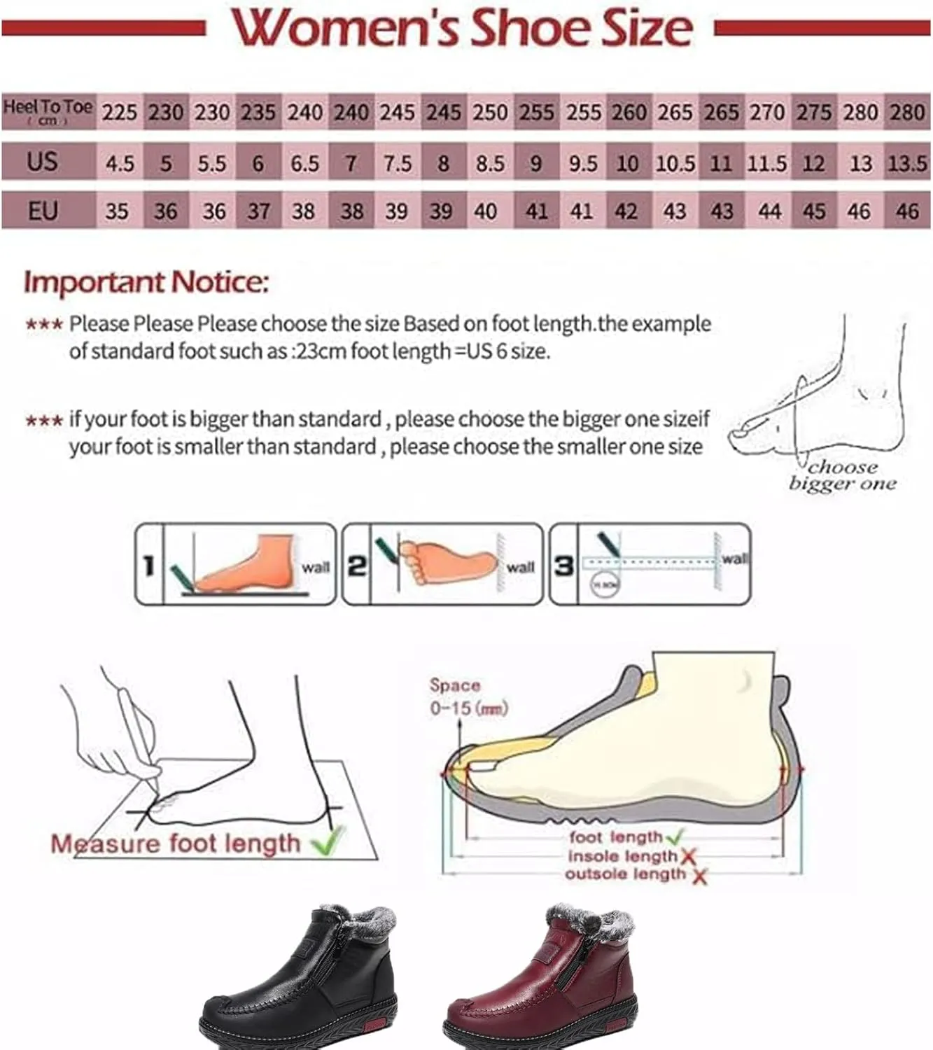 Extrashoe Women's Waterproof Non-Slip Cotton Leather Boots, Fur Lined Winter Warm Boot Base Cotton Leather Laces Zipper