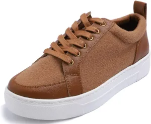 FEVERSOLE Women's Winter Vegan Leather Lightweight Platform Lace-Up Street Sneakers Camel Faux Woolen PU Platform Size 9 M US