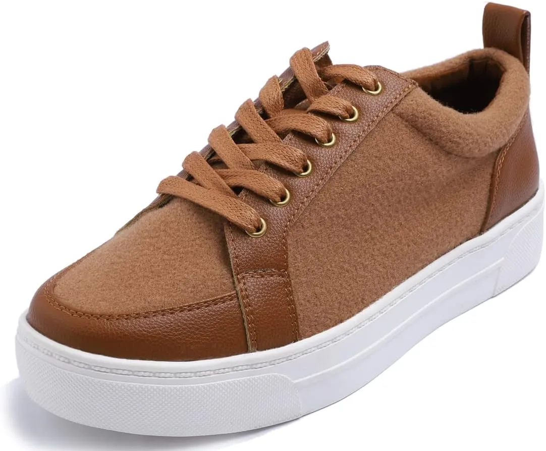 FEVERSOLE Women's Winter Vegan Leather Lightweight Platform Lace-Up Street Sneakers Camel Faux Woolen PU Platform Size 9 M US