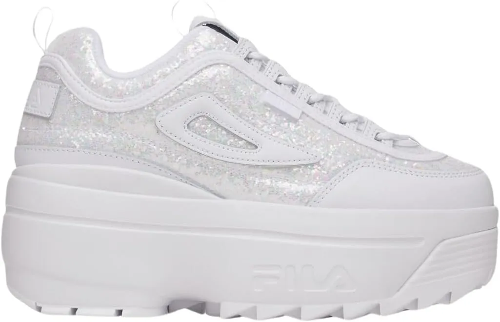 Fila Women's Disruptor II Wedge Special Glitter Sneaker Shoes (White/White/White, 9)