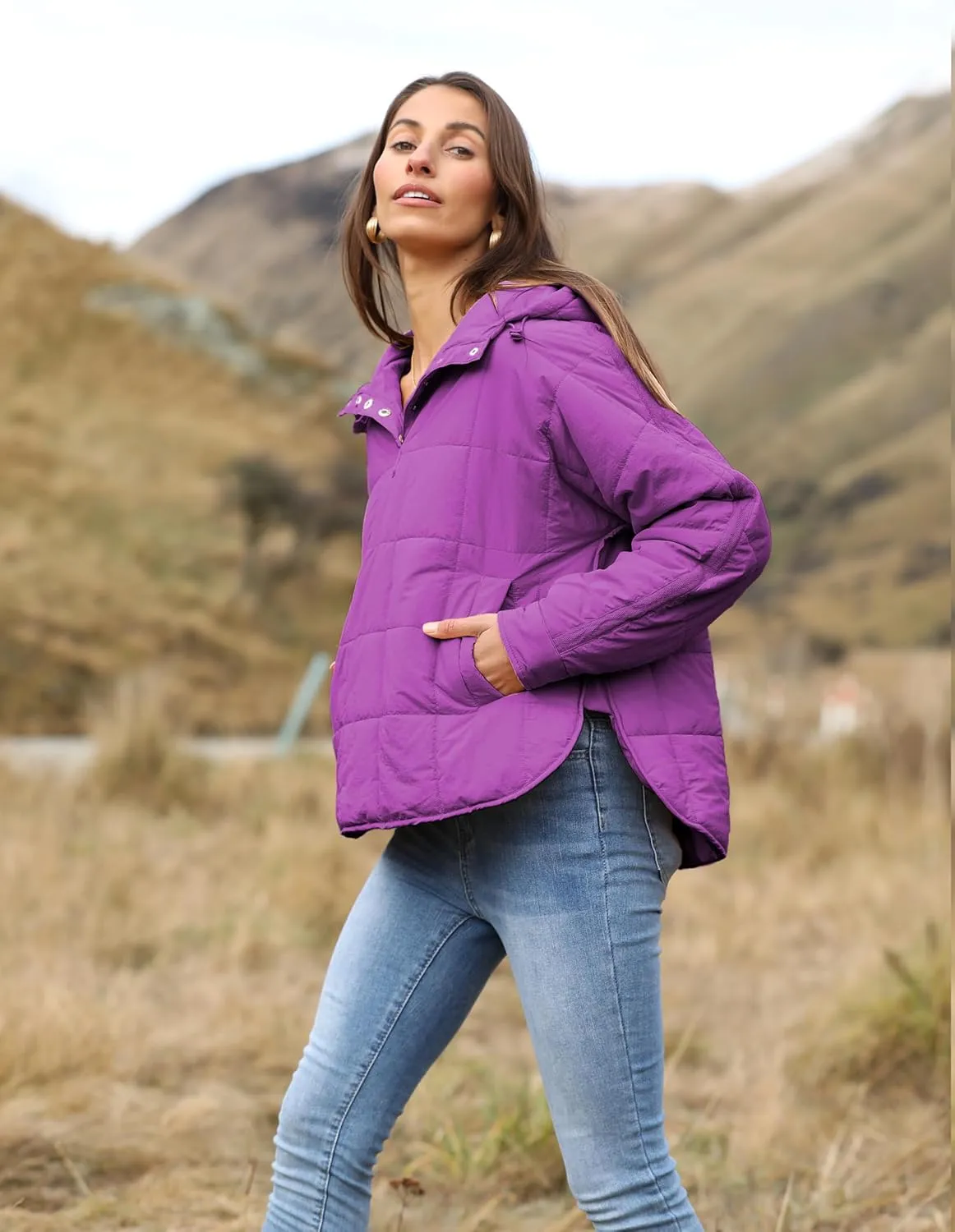 Fiona Jolin Women's Quilted Pullover Puffer Jacket Lightweight Oversized Hoodie Warm Winter Coats Outerwear