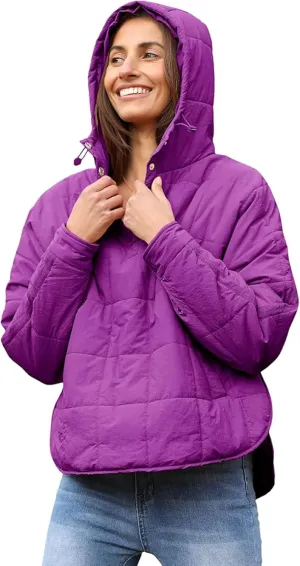 Fiona Jolin Women's Quilted Pullover Puffer Jacket Lightweight Oversized Hoodie Warm Winter Coats Outerwear