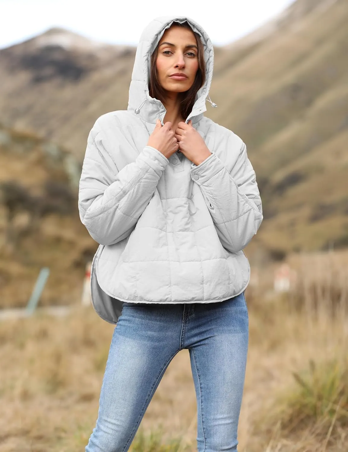 Fiona Jolin Women's Quilted Pullover Puffer Jacket Lightweight Oversized Hoodie Warm Winter Coats Outerwear