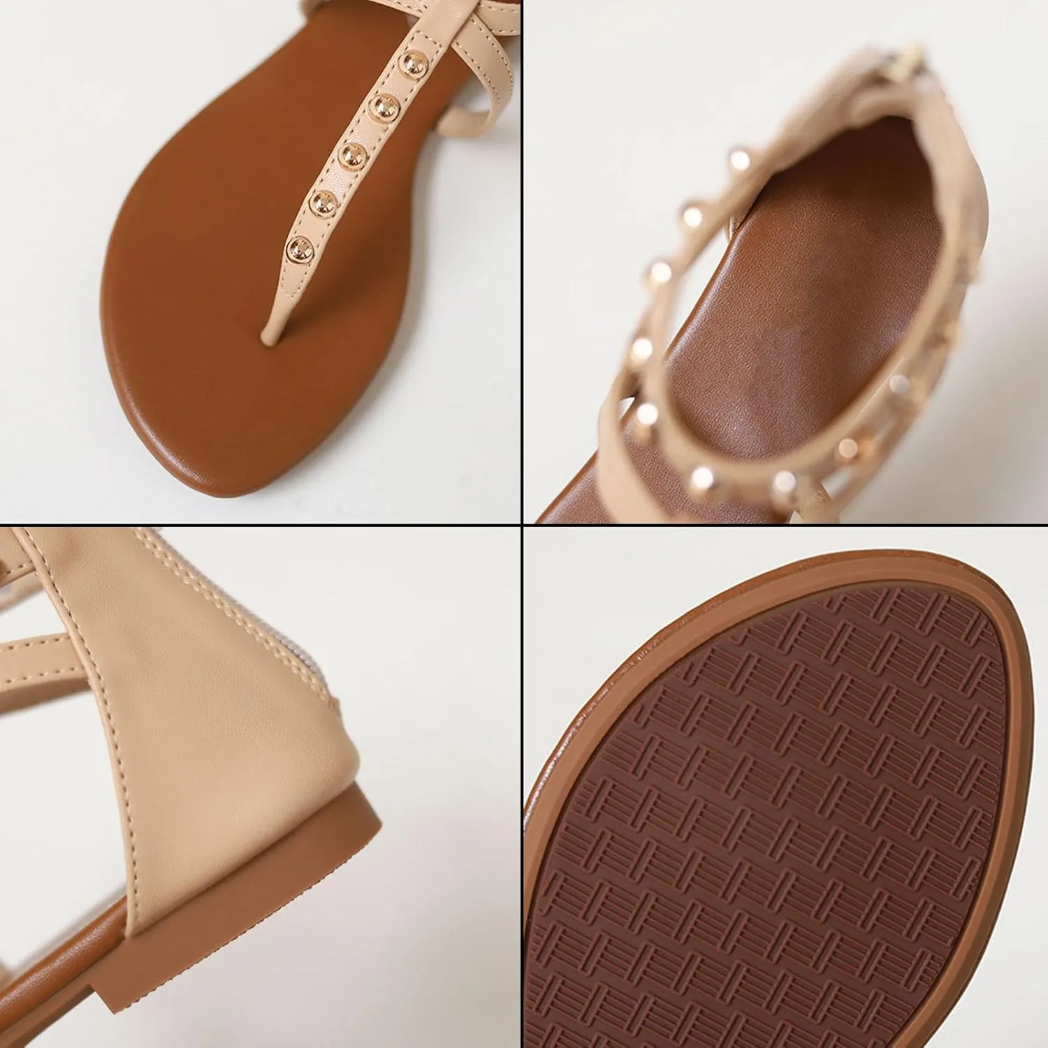 Flat Sandals for Women T-Strap Back Zipper Studded Gladiator Sandals Summer Beach Thong Sandals for Women