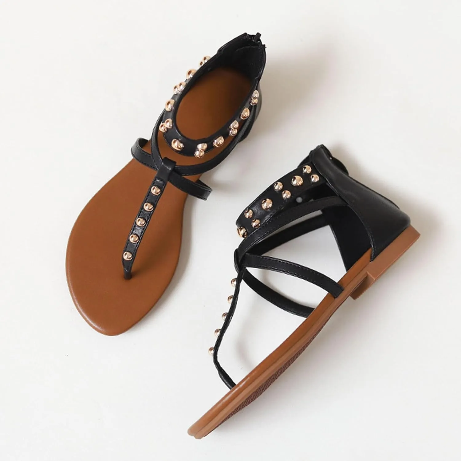 Flat Sandals for Women T-Strap Back Zipper Studded Gladiator Sandals Summer Beach Thong Sandals for Women