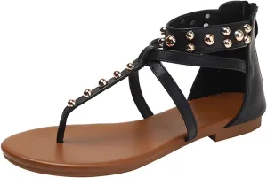 Flat Sandals for Women T-Strap Back Zipper Studded Gladiator Sandals Summer Beach Thong Sandals for Women