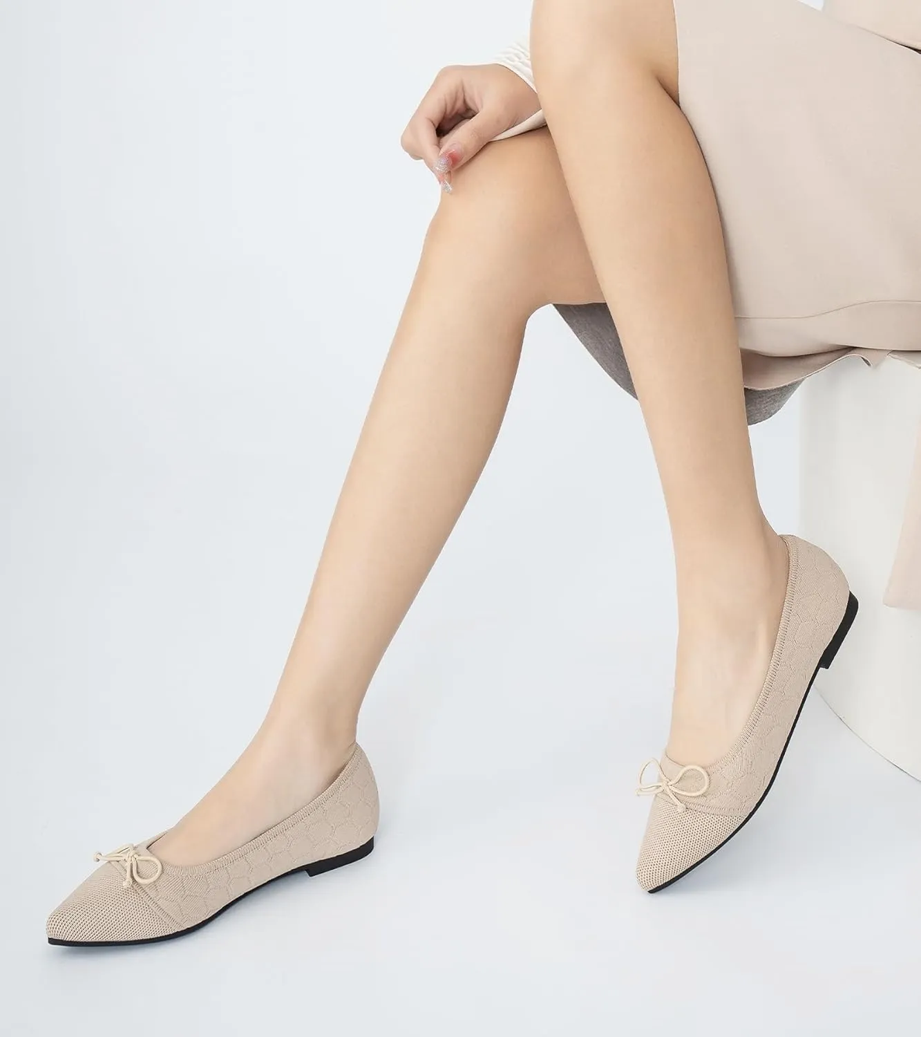 Flats for Womens Classic Pointed Toe Ballet Flats Comfortable Knit Dressy Bow Lightweight Casual for Work Office Flats Shoes