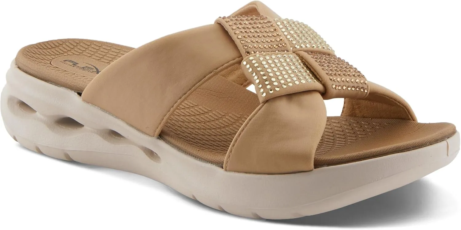 Flexus Women's GEOVANI Rhinestone Slides – Sporty Slip-On Sandals with Anatomic Footbed and Shock Absorbent Outsole