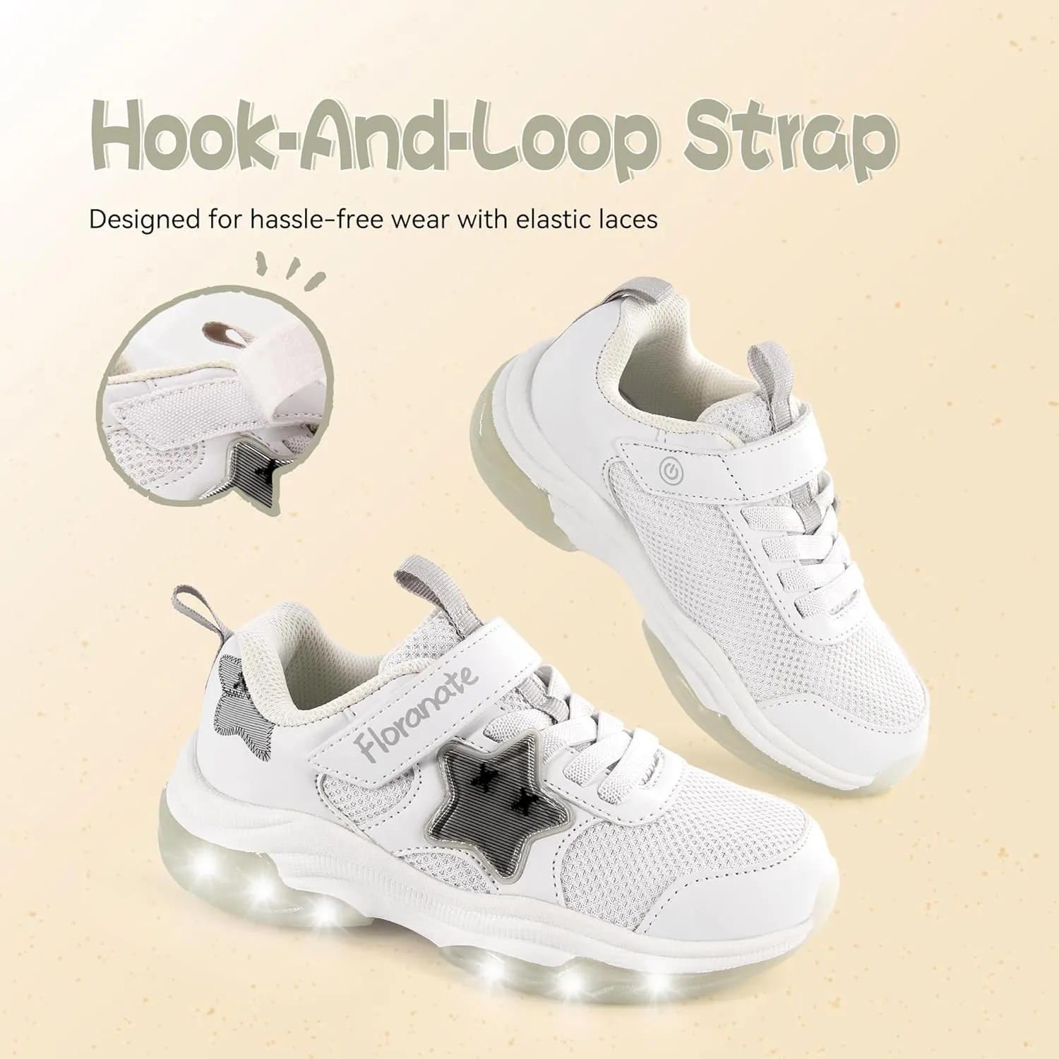 Floranate Little Kids Light Up Shoes for Girls Boys Tennis Sneakers with Switch Strap Walking Shoes Athletic Footwear Toddler Size 10 to Size 2 Lightweight