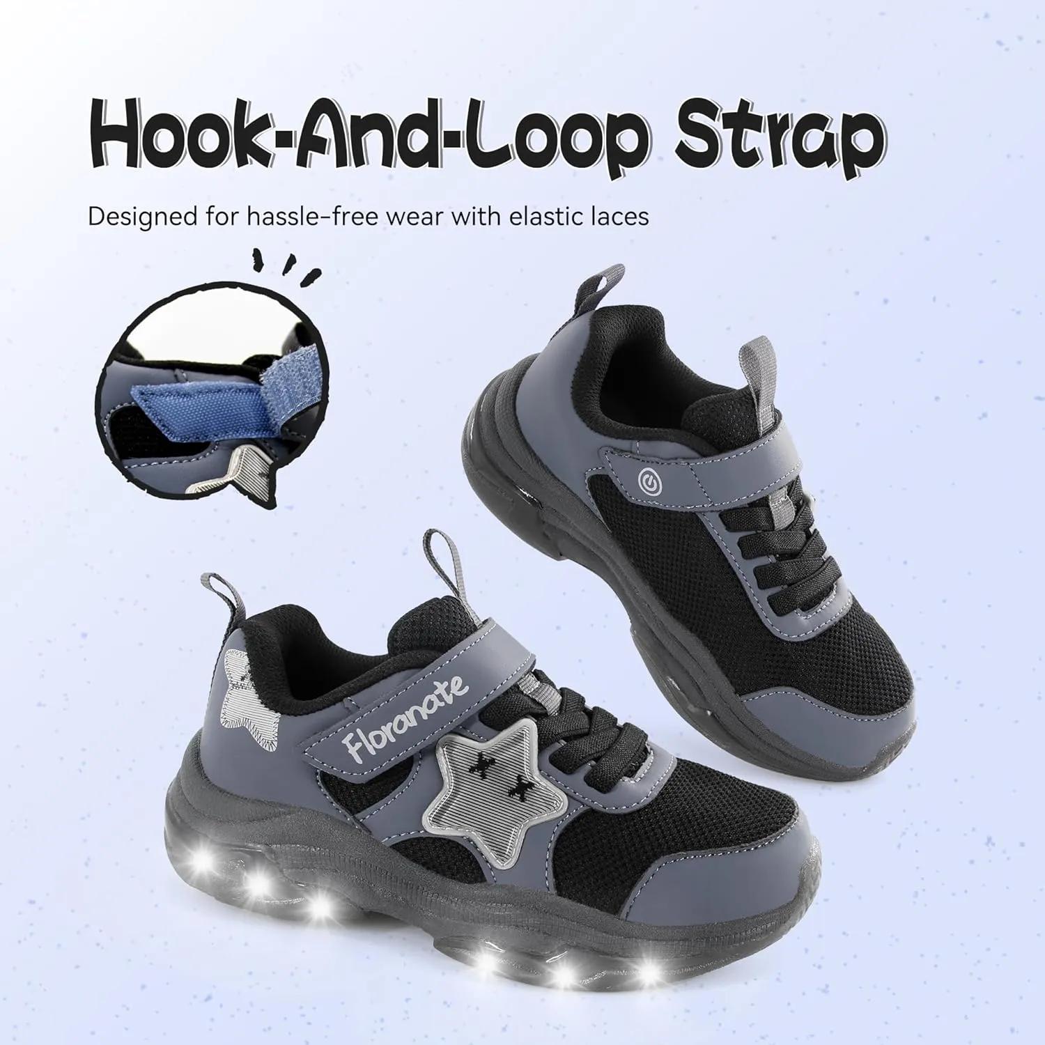 Floranate Little Kids Light Up Shoes for Girls Boys Tennis Sneakers with Switch Strap Walking Shoes Athletic Footwear Toddler Size 10 to Size 2 Lightweight