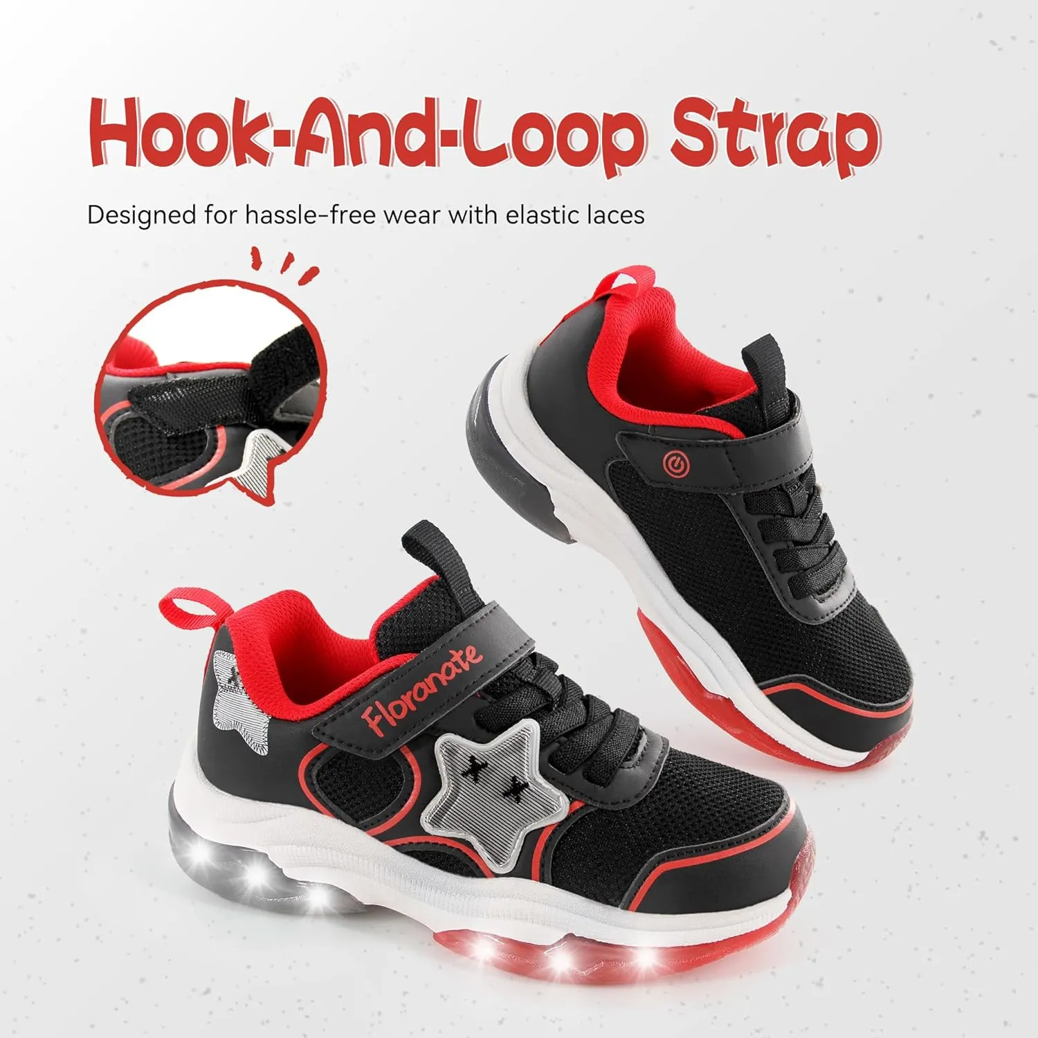 Floranate Little Kids Light Up Shoes for Girls Boys Tennis Sneakers with Switch Strap Walking Shoes Athletic Footwear Toddler Size 10 to Size 2 Lightweight