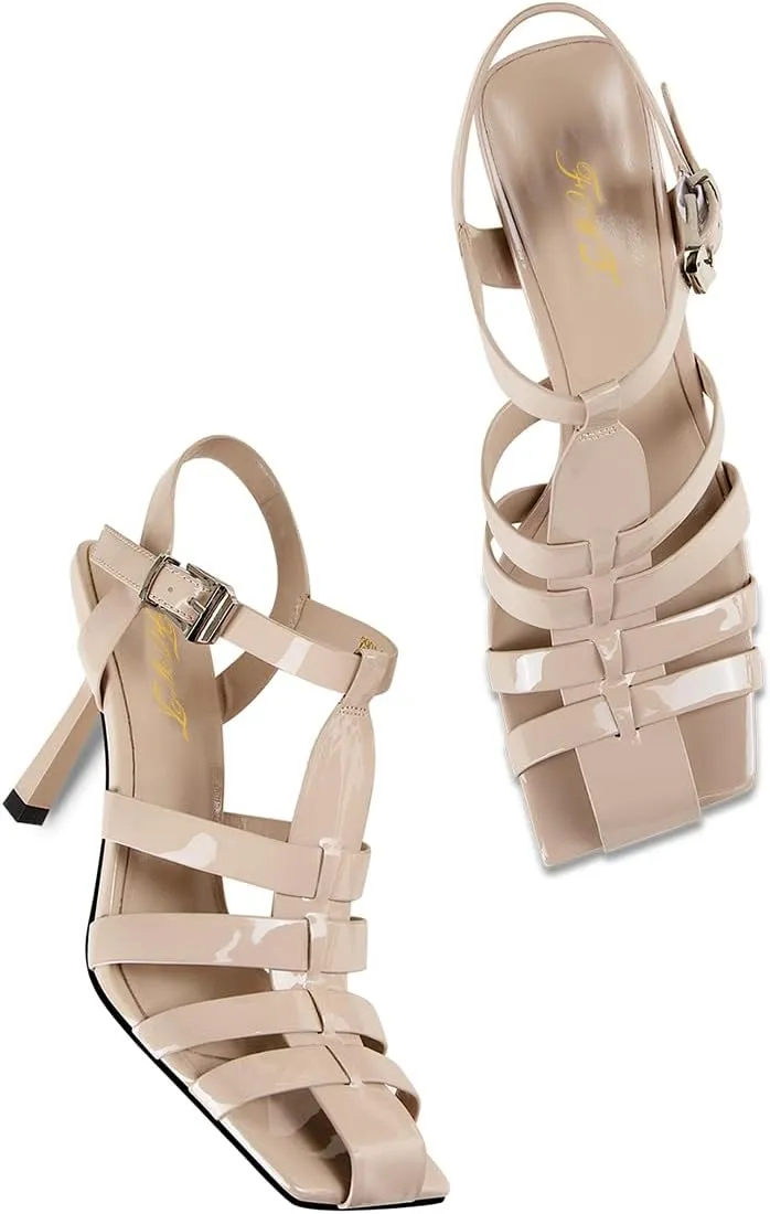 FOWT Women Fashion Square Toe Gladiator Sandals Strappy Stiletto High Heels Buckle Up Pumps Classic Party Office Summer Dress Shoes Size 4-16 US