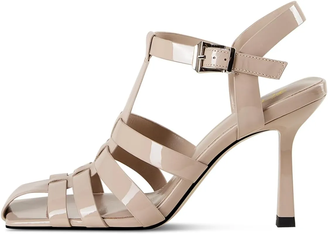 FOWT Women Fashion Square Toe Gladiator Sandals Strappy Stiletto High Heels Buckle Up Pumps Classic Party Office Summer Dress Shoes Size 4-16 US