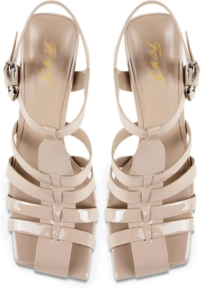 FOWT Women Fashion Square Toe Gladiator Sandals Strappy Stiletto High Heels Buckle Up Pumps Classic Party Office Summer Dress Shoes Size 4-16 US