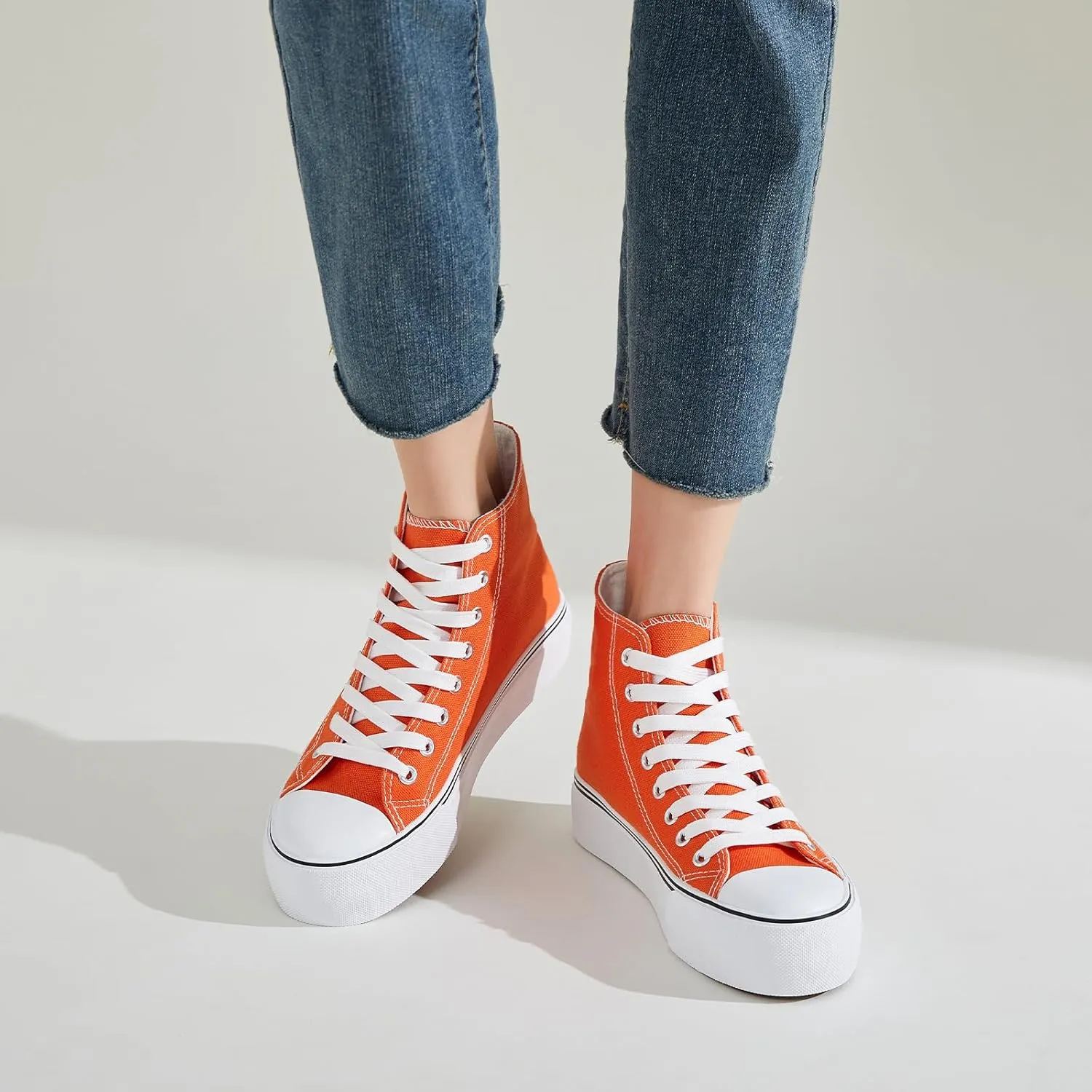 FRACORA Womens High Top Canvas Shoes White Black Platform Sneakers Lace Up Shoes for Women