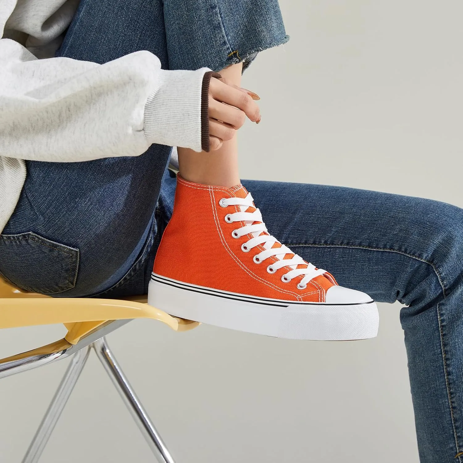 FRACORA Womens High Top Canvas Shoes White Black Platform Sneakers Lace Up Shoes for Women