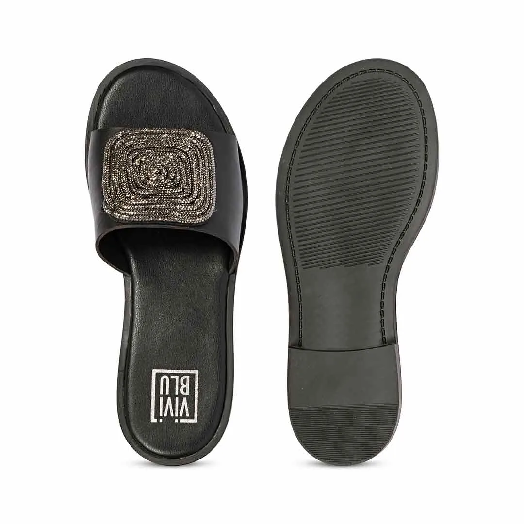 Freya Black Leather Flat Sandals