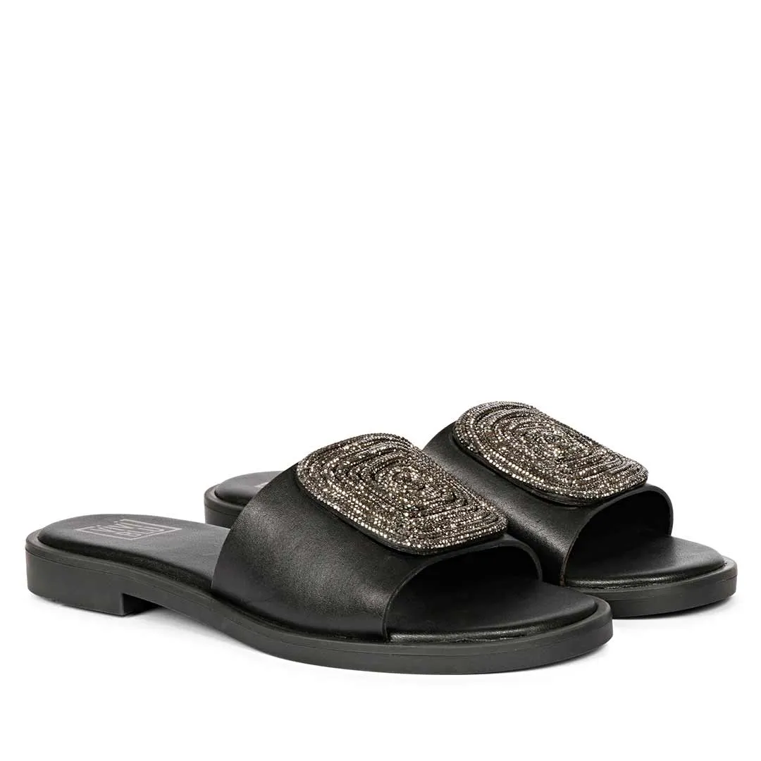 Freya Black Leather Flat Sandals