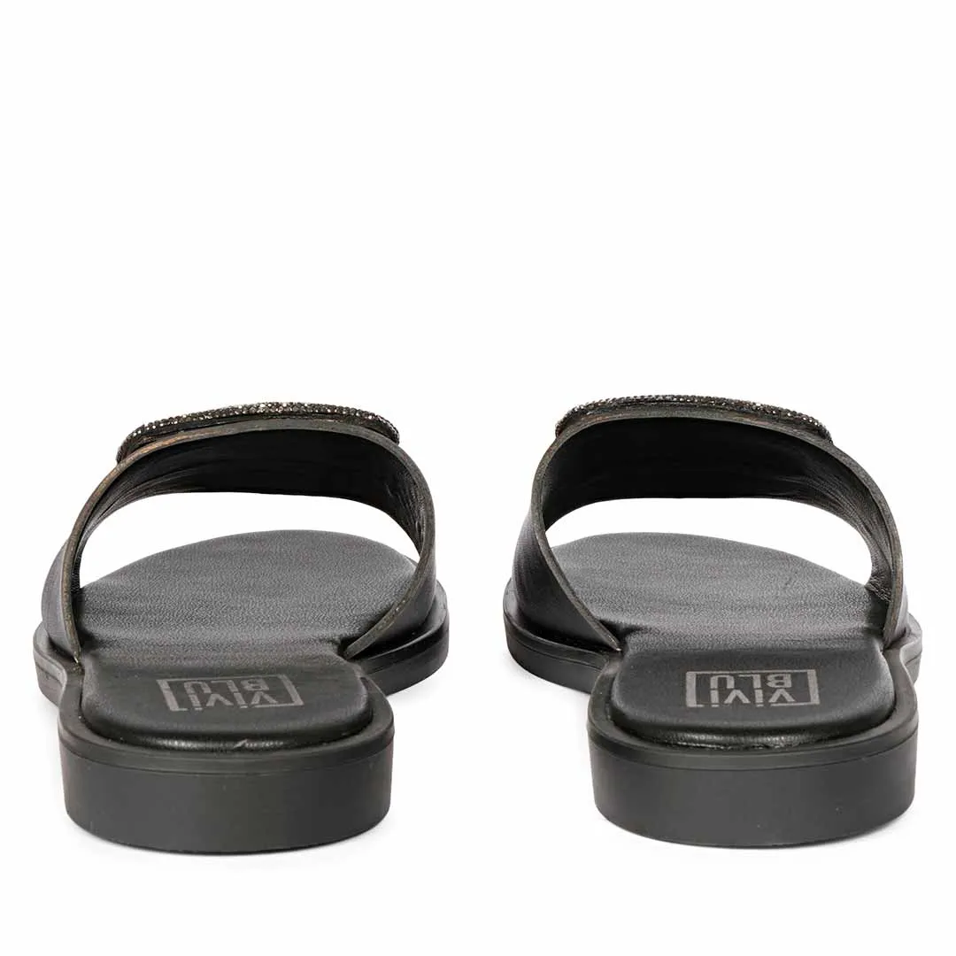 Freya Black Leather Flat Sandals