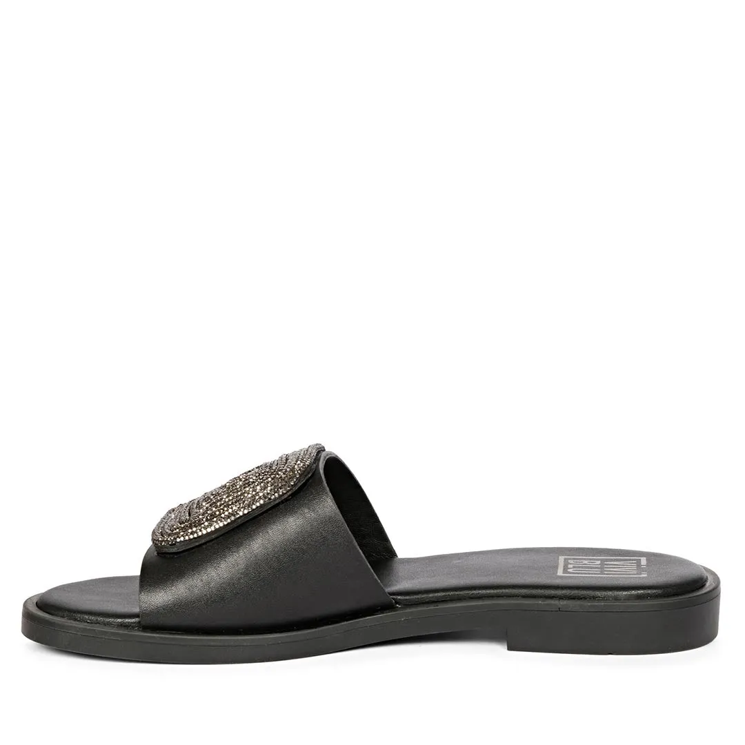 Freya Black Leather Flat Sandals
