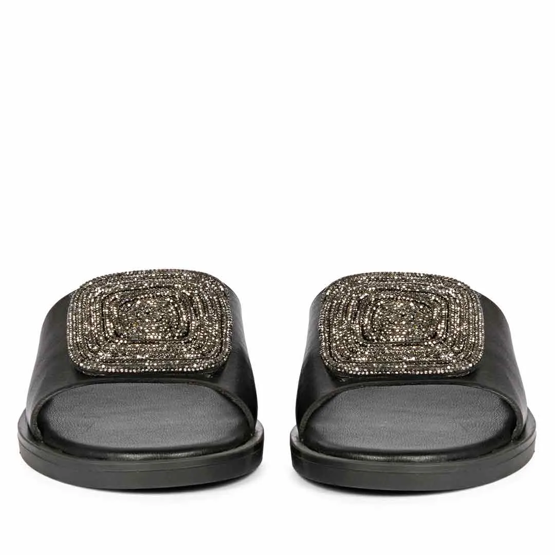 Freya Black Leather Flat Sandals