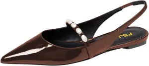 FSJ Women Slingback Flats with Beaded Studded Pointed Toe Pearl Strap Slip On Office Casual Comfort Ballet Shoes Size 4-16 US