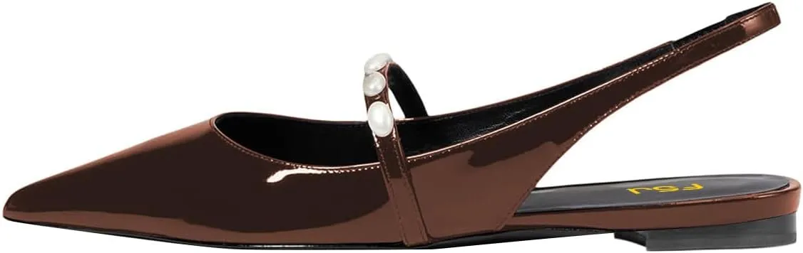 FSJ Women Slingback Flats with Beaded Studded Pointed Toe Pearl Strap Slip On Office Casual Comfort Ballet Shoes Size 4-16 US