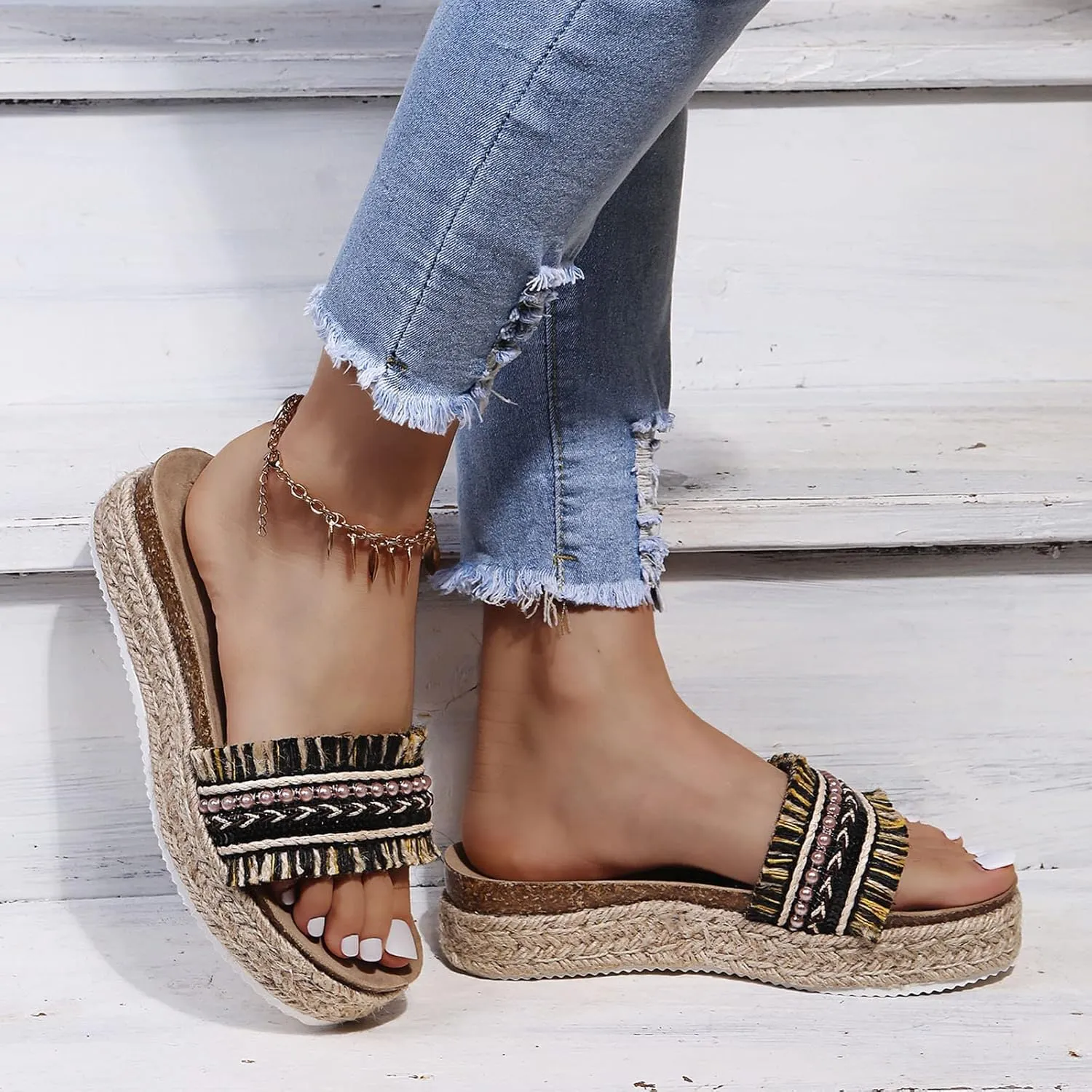 Fululuer Womens Espadrilles Sandals Open Toe Platform Slides Sandals Comfort Casual Flatform Slip on Sandals Slippers Wide Width Sandals Beach Sandals Casual Espadrille Slide On Platform Sandals