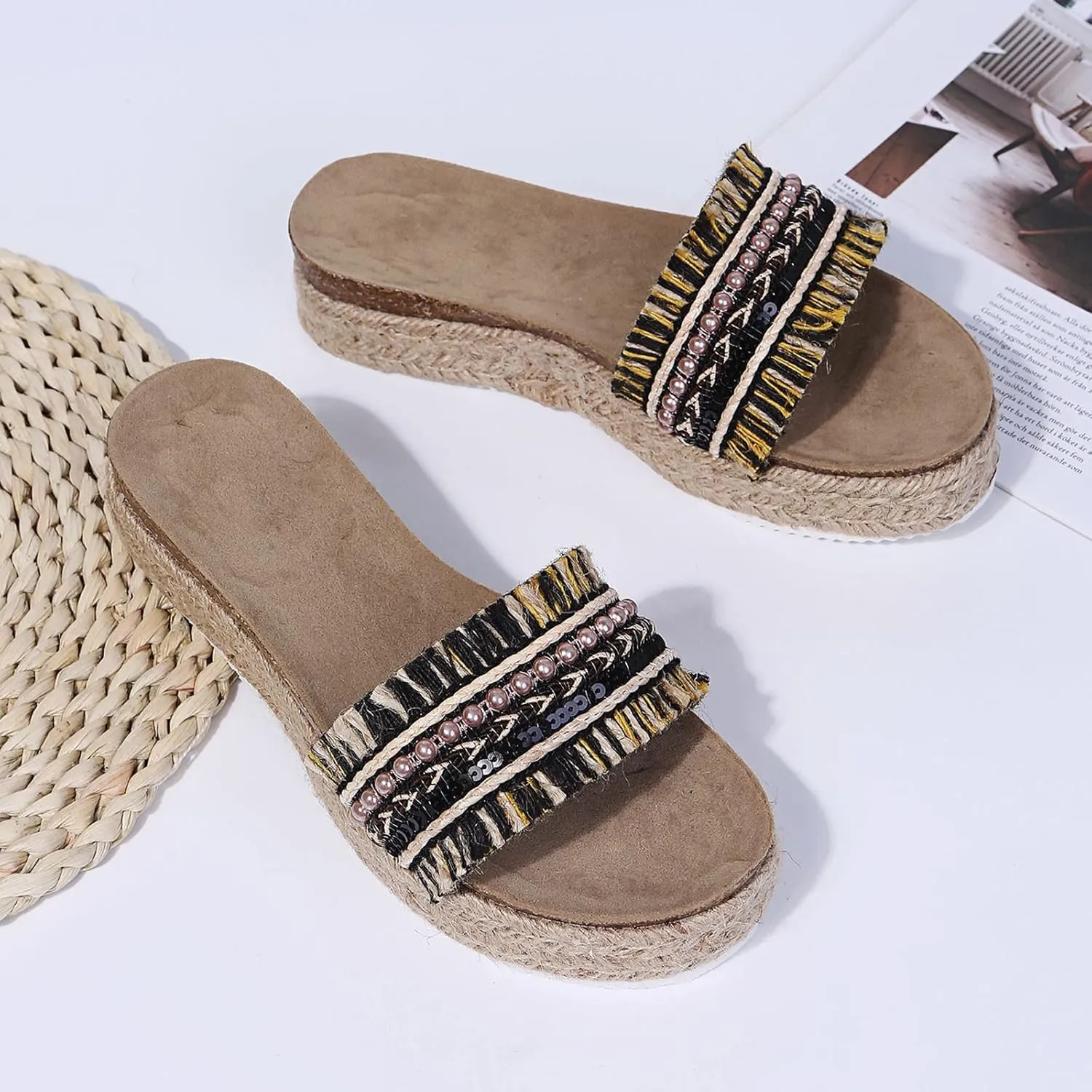 Fululuer Womens Espadrilles Sandals Open Toe Platform Slides Sandals Comfort Casual Flatform Slip on Sandals Slippers Wide Width Sandals Beach Sandals Casual Espadrille Slide On Platform Sandals