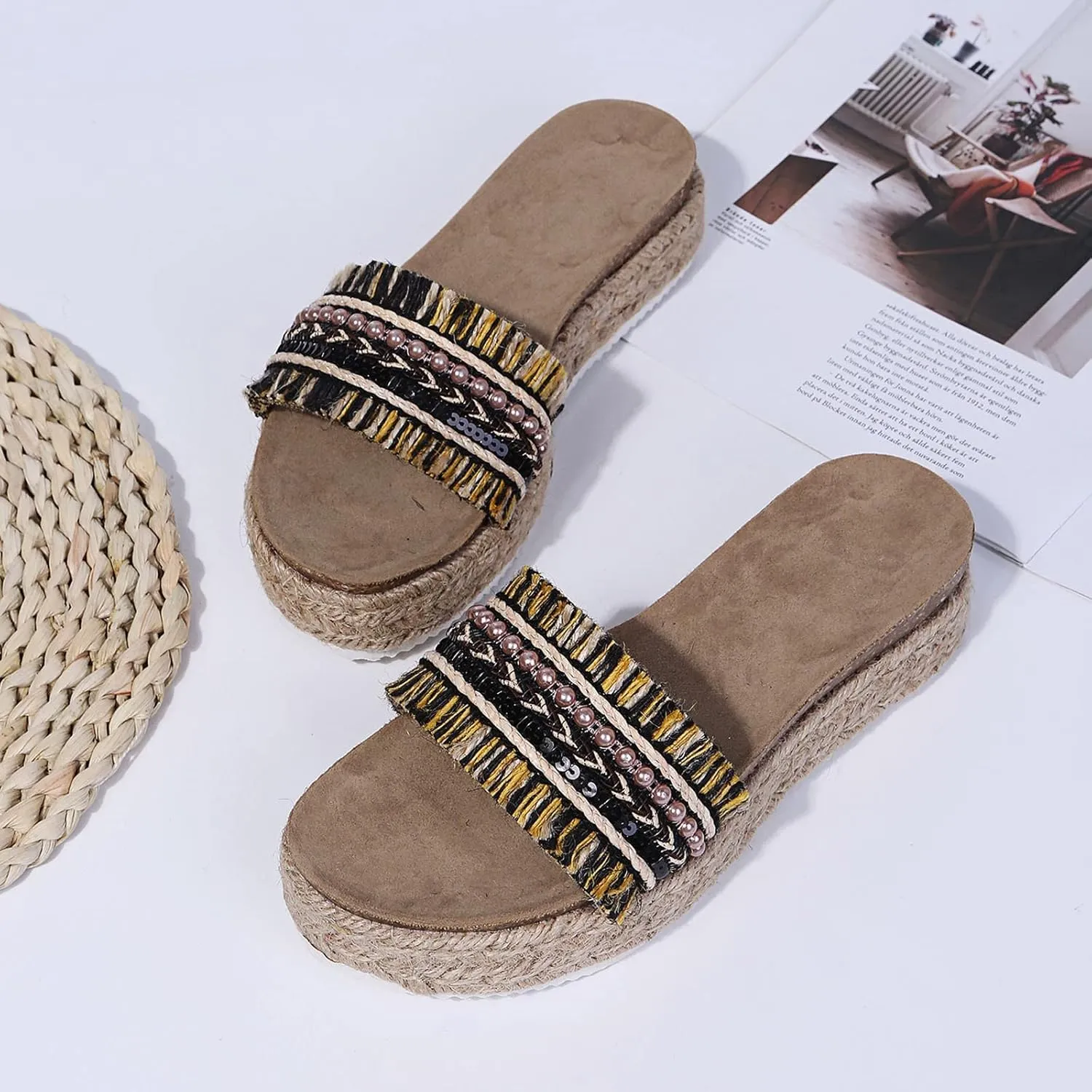 Fululuer Womens Espadrilles Sandals Open Toe Platform Slides Sandals Comfort Casual Flatform Slip on Sandals Slippers Wide Width Sandals Beach Sandals Casual Espadrille Slide On Platform Sandals