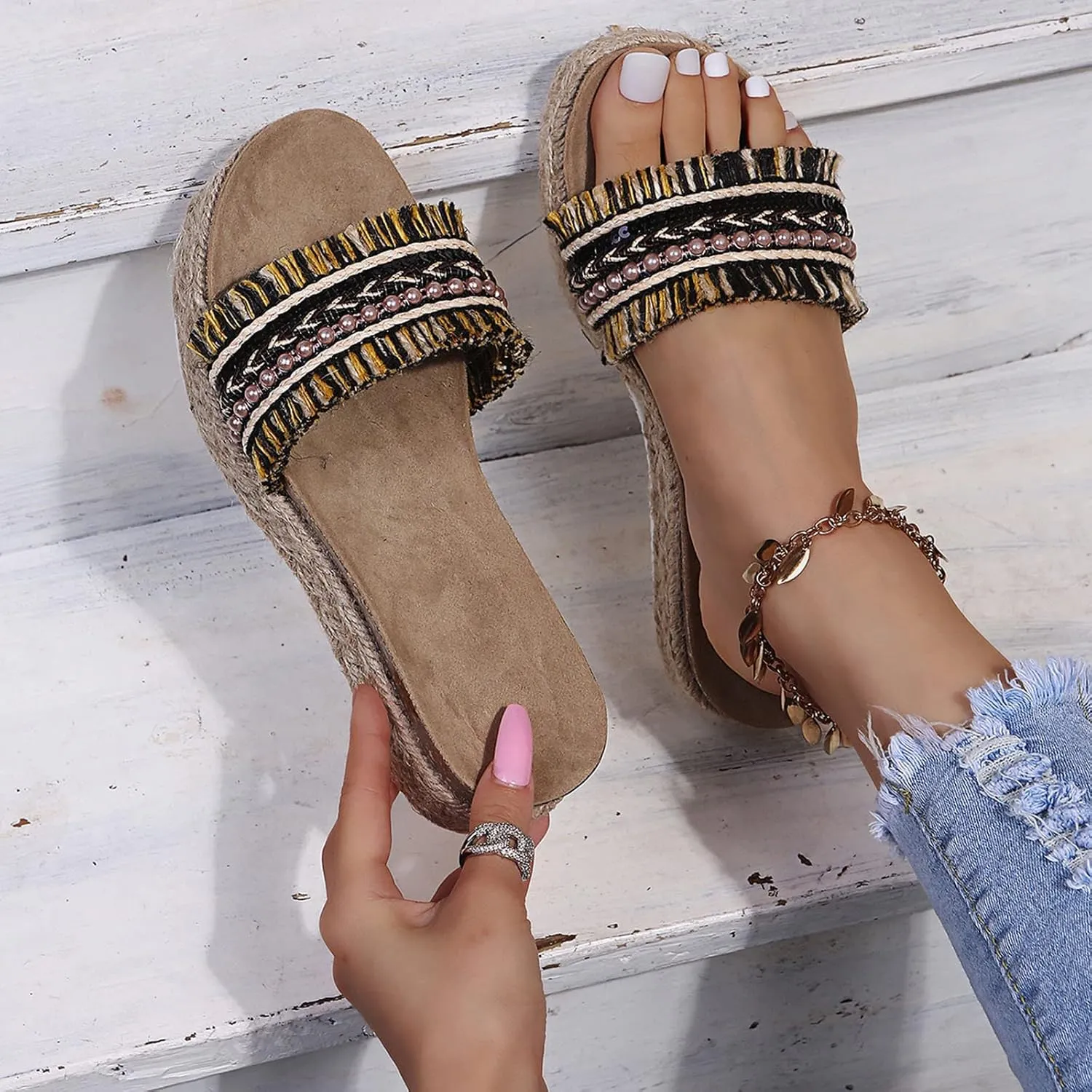 Fululuer Womens Espadrilles Sandals Open Toe Platform Slides Sandals Comfort Casual Flatform Slip on Sandals Slippers Wide Width Sandals Beach Sandals Casual Espadrille Slide On Platform Sandals