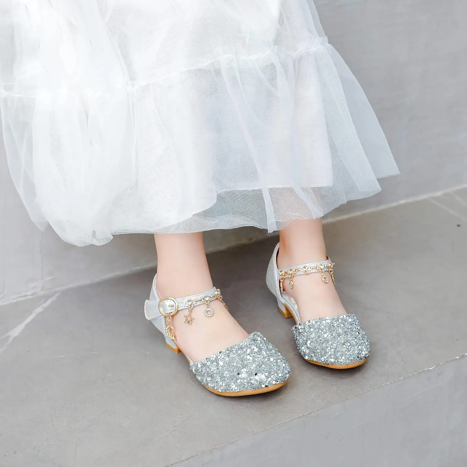 Furdeour Girls Dress Shoes Princess Crystal High Heels Closed Toe Party Wedding Flower Girls Shoes Toddler Little Big Kid