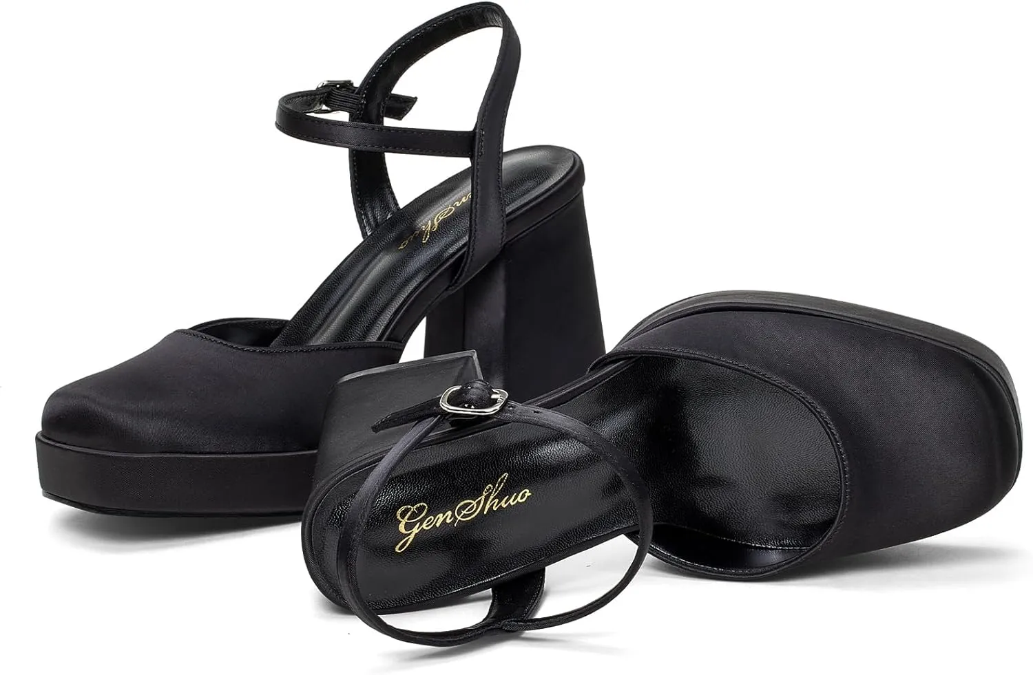 GENSHUO Platform Chunky Heels for Women Block Heel Sandals- 4 inches Closed Square Toe Ankle Strap Buckle Wedding Party Prom Dress Pump Shoes